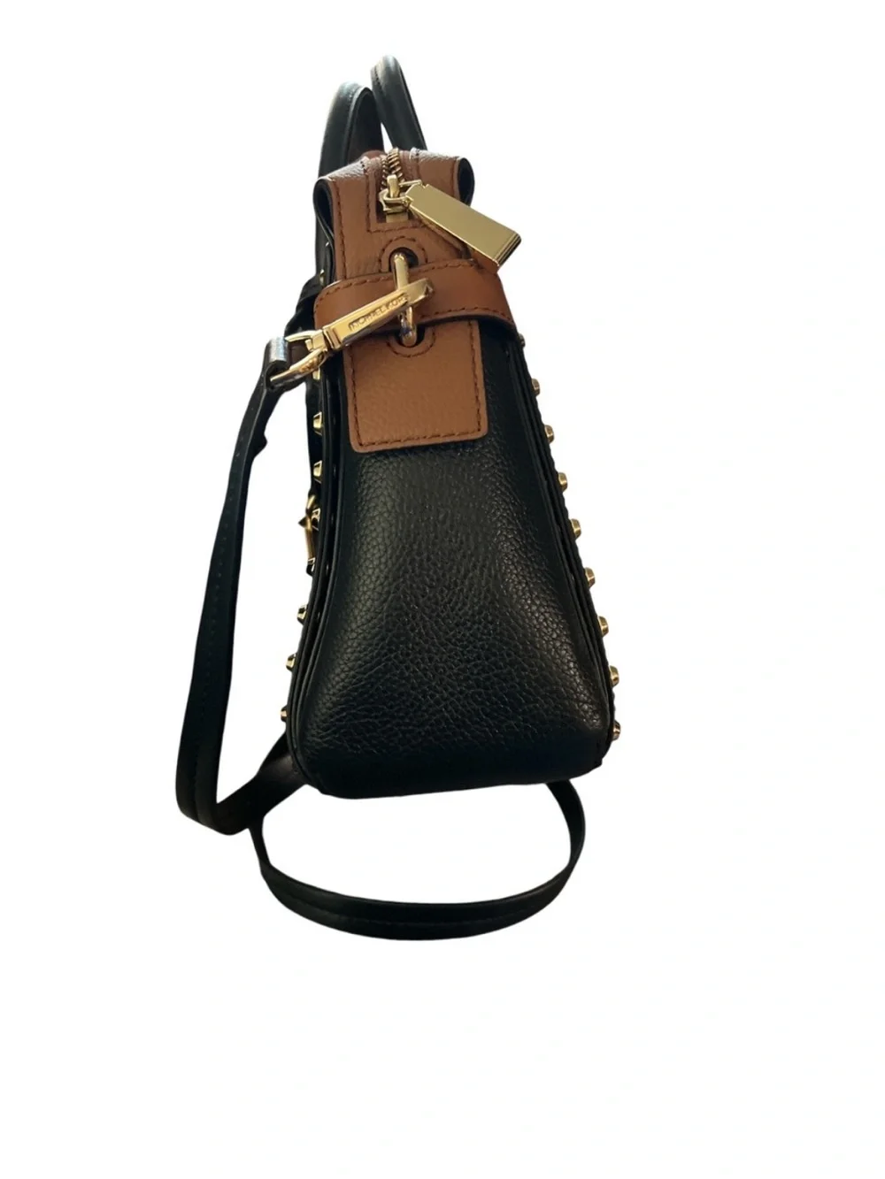 Michael Kors Black and Brown Studded Leather Satchel with Gold Hardware